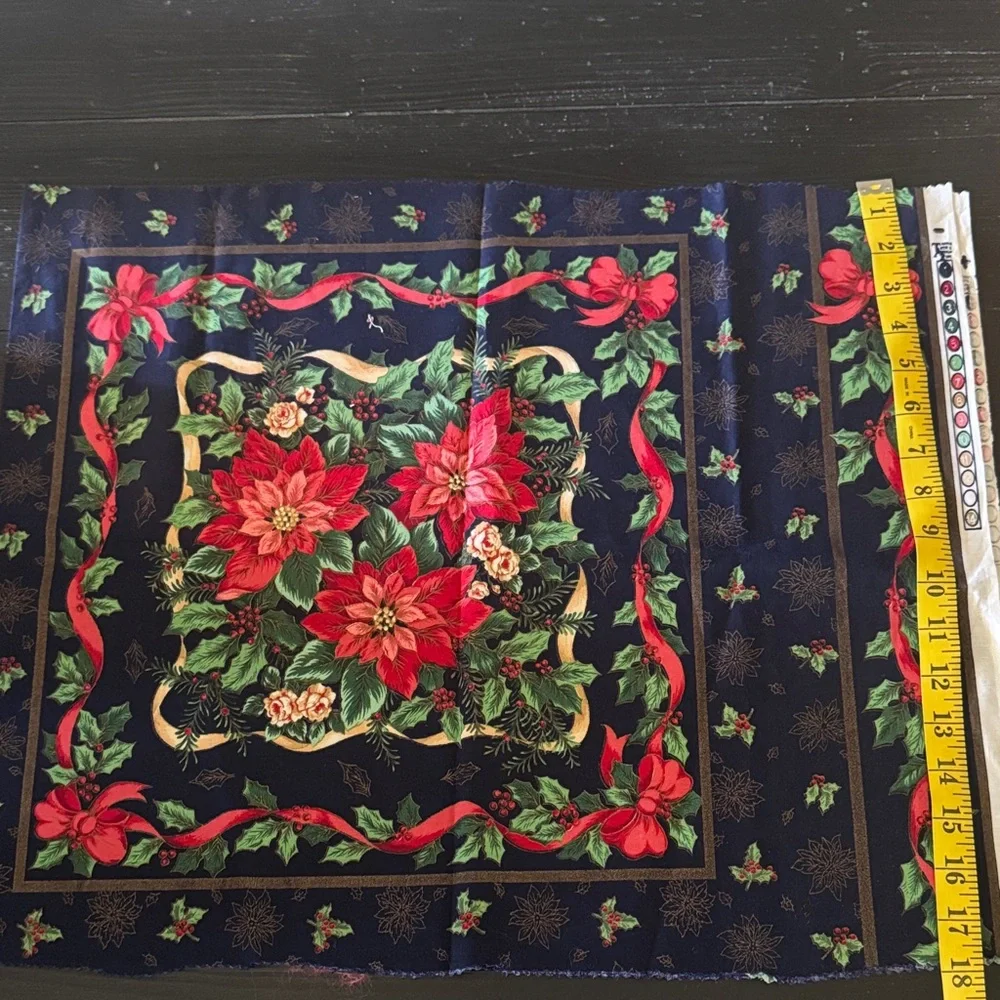 New 2 panels 18” x 20” Festive Floral Fabric with Red and Green Design